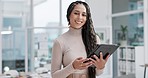 Tablet, smile and face of a businesswoman in the office doing research for a creative project. Happy, success and portrait of a young female designer working with digital technology in the workplace.