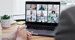 Computer screen, online meeting and business people on laptop in office for discussion and b2b networking together. Video call, virtual conference with men and women consulting online for planning.