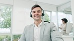 Call center, customer support and face of man on video call for online, advice and consulting. Telemarketing, business and portrait of male person on webinar for crm service, communication or talking