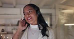Call center, woman and microphone at night for communication, customer service and telecom questions. Face of telemarketing agent working late for CRM support, FAQ sales and help of advisory solution