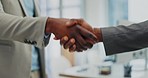 Business, closeup and staff with handshake, support and agreement with goals, teamwork and thank you. Zoom, teamwork and coworkers shaking hands, partnership and deal with promotion and opportunity