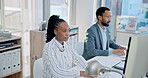 Business people typing on computer in coworking office for planning research, online report and administration. Black woman, employees and working on desktop pc for email, information update and tech