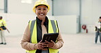 Tablet, smile and construction with woman in warehouse for project management, search or engineering. Industrial, manufacturing or digital with portrait of person in factory for architecture planning