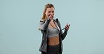 Fitness, join and a woman with a timer for the gym, workout motivation and training achievement. Smile, coach and an athlete with equipment to monitor health and sports on a studio background