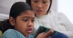 Phone, child and mother support closeup with a children and education online game on living room floor. Mom, young girl and mobile app with gaming and lounge at family home with bonding and care