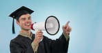 Studio man, student and graduate megaphone speech, school announcement or college speaker talk at event. Microphone voice, graduation communication and university learner broadcast on blue background