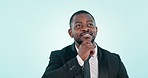 Business man, thinking and idea studio for decision, question or planning on a blue background. Professional black male person with hand on chin for why, brainstorming or remember and problem solving