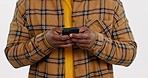 Phone, hands or man in studio on social media to scroll for internet post or website notification. Communication closeup, white background or person texting an sms on online networking mobile app