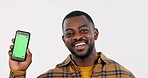 Happy black man, face or phone green screen for social media advertising or online branding. White background, show or portrait of person with smile, mobile app chroma key or mockup space in studio