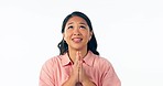 Worship, woman and praying with hope, praise and faith with healing on a white studio background. Person, spiritual and model with religion, Jesus and Christian with help, anxiety and wish