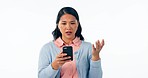 Confused, wow and woman with phone in studio for fake news, gossip or drama on white background. Wtf, face or lady model on smartphone app, doubt or stress for social media, hacker or cyber bullying