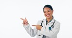 Face, woman and doctor in studio advertising insurance news, medical information and mockup on white background. Portrait of happy asian healthcare worker pointing to space, advice and clinic results