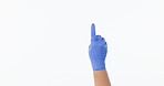 Gloves, hands and finger tap to mockup space for cleaning, housekeeping and virus safety. Studio, white background and advertising for person maintenance and cleaner care with promotion deal and sale