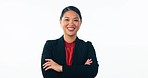 Face, business and Asian woman with arms crossed, smile and employee isolated on a white studio background. Portrait, Japanese person and happy entrepreneur with a career, mockup space and employee