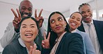 Selfie, business people and teamwork with social media, funny and blog post with company website. Staff, manager and employees with connection, about us or goofy with silly expression, smile or humor