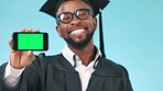 Green screen, phone and face of black man in a studio with mockup for marketing or advertising. Tracking markers, chroma key and portrait of university graduate with cellphone by blue background.