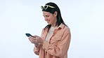 Happy woman typing on smartphone in studio, social media and online dating isolated on a blue background mockup space. Phone, smile and person scroll on mobile app, communication and reading email