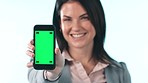 Face, business woman or green screen of phone for advertising space, sign up offer or tracking markers in studio. Portrait, hands and happy worker show mobile mockup, news or deal on white background