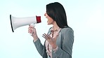 Profile, megaphone or business woman with announcement, feedback or review on blue background. Broadcast, studio or voice of corporate worker with breaking news, speech or  on opinion on speaker