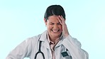 Doctor, studio or woman with headache, burnout or fatigue in medical healthcare crisis or emergency. Depression, face or tired nurse with head pain, migraine or stress isolated on blue background