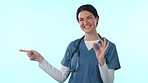 Studio doctor, ok and happy woman point at medical info, clinic schedule or medicine plan, list or timeline. Mockup space, portrait and healthcare surgeon with okay agreement vote on blue background