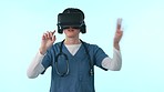 Woman, doctor and virtual reality glasses, future technology in healthcare and medicine with user experience in studio. Medical innovation, vr technology and nurse on blue background with ai software