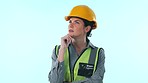 Thinking, idea of engineer and woman in studio isolated on a blue background mockup space. Doubt, confused architect planning construction development project and brainstorming for problem solving