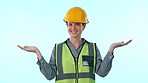 Hands, happy woman or architect in studio by mockup space for engineering design news or advertising. Face of contractor, building project choice list or architecture promo offer on blue background 