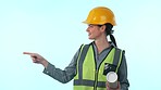 List, pointing or architect in studio by mockup space for engineering design news or advertising. Contact info, building project choice or contractor by architecture promo offer on blue background 