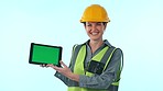 Studio, happy woman or architect with tablet green screen for engineering mockup or construction advertising. Face of contractor, building project notification or architecture space blue background 