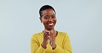 Face, happy woman and applause in studio for success, winner or congratulations on white background. Portrait of african model clapping hands to celebrate winning award, praise or feedback of support