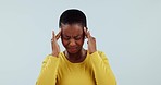 Black woman, headache and pain in studio for stress, vertigo and brain fog on white background. Frustrated, confused and depressed model with anxiety, crisis or challenge of burnout, mistake and fail