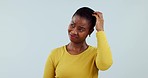 Thinking, confused and woman scratch head in studio, question why or dont know solution on white background. Curious african model forget decision, doubt ideas and planning of problem solving in mind