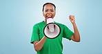 Woman, megaphone and shout in studio on blue background in mockup for volunteering, community or donation. African, young and person with opinion, hand or gesture for social media, vote or support