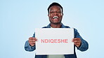 Hiring, recruitment and black man with sign for onboarding, human resources and ads for job isolated on blue background. Employment opportunity, offer and portrait with recruiting signage in a studio