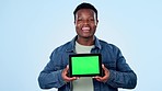 Talking, black man and a green screen tablet for advertising, promo or marketing an app. Face portrait, creative and an African person with blank or mockup space technology on a studio background