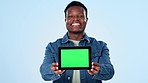 Talking, black man and a green screen tablet for an app, promo or marketing a website. Face portrait, creative and an African person with blank or mockup space technology on a studio background