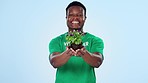 Volunteer, happy black man or smell plant life, floral or soil for social responsibility, community service or Earth Day. Sustainable environment, studio flower or charity activist on blue background