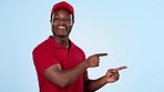 Delivery guy, space or pointing in studio for offer, promotion or ecommerce distribution on blue background. Face of black man talking, show or mockup for post service, shipping  or product placement