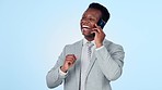 Black man, phone call or funny businessman in studio talking, networking or speaking of joke. Blue background, mobile communication or happy African entrepreneur laughing in a negotiation deal offer