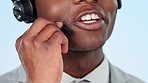 Call center, studio or mouth of virtual assistant in communication, speaking or talking to help. Black man closeup, blue background or happy African financial advisor with microphone for networking