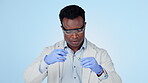 Scientist, man and doctor with vial for research, medical innovation and pharmaceutical development. Black person, medicine and syringe for vaccination, drugs and science for healthcare in mockup