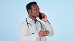 Man, doctor and phone call in studio for consulting, communication or discussion on blue background with smile. Healthcare, black person and expert with smartphone for telehealth or conversation