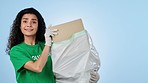 Recycle, woman and volunteer face in studio with sustainability, community service. Eco friendly, female person and portrait with helping, recycling and container cleaning with blue background