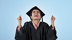 Graduation, goal or happy woman in studio for education achievement, college or school success. Scholarship winner, blue background or excited student graduate with smile, pride or degree clapping