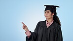 Choice, graduate or student pointing at studio for news, university promotion or bad school review Mockup space, wrong option or face of woman frustrated by timeline, list or chart on blue background