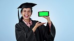 University, presentation and woman face with green screen, phone and hand pointing in studio on blue background. Education, portrait and excited student with smartphone display for elearning platform