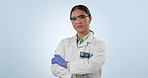 Serious asian woman, scientist and arms crossed of professional standing in confidence against a studio background. Portrait of female person, medical or healthcare expert for job or career ambition