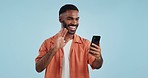 Video call, wave and man with a smartphone, showing and conversation on a blue studio background. Person, speaking and model with a cellphone, online chat and communication with network or connection