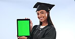 Graduation student, woman and tablet green screen, presentation space or registration in studio. Face of indian graduate and digital mockup, elearning or education tracking marker on blue background